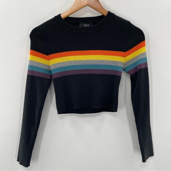 VICI Rainbow Stripe Y2K Grunge Skater Cropped Sweater Size Small Indie Rave - Picture 1 of 8